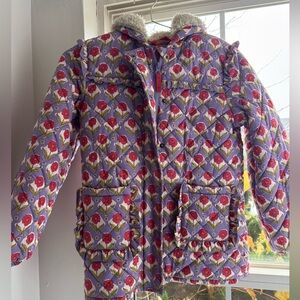 Boden Kids Puffer Jacket in Red and Purple Floral